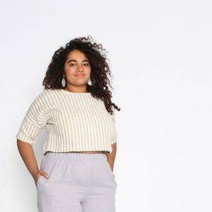 Striped Short Sleeve Crop Top in Beige and White
